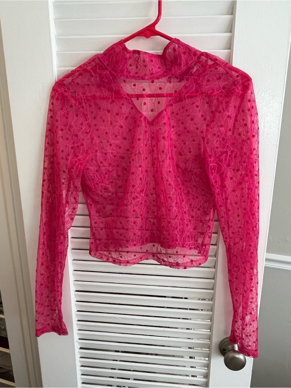 For Love and Lemons Sheer Hot Pink Long-Sleeve Lace Top